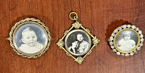 Lot 3 Antique Mourning Memento Photograph 2 Pins 1 Pendant Young Child Couple