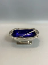 Footed Open Salt Cellar Cobalt Plastic Insert Silver Plate Base Made In England