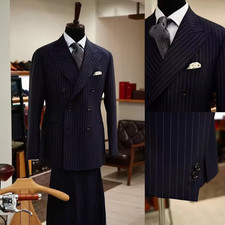 Navy Blue Pinstripe Men Suits 2 Piece Chic Double Breasted Peak Lapel Outfits