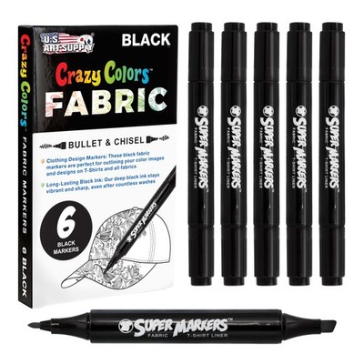 Super Markers 6 Black Dual Tip Fabric & T-Shirt Markers, Double-Ended, Permanent