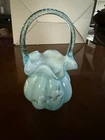 Fenton Blue Hand Painted Basket Family Signature Artist Signed