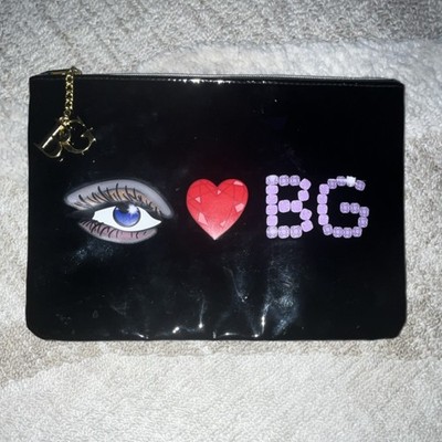 Lisa Bayer NYC Black Graphic Clutch Bag with Gold Hardware Zip Love Theme Large