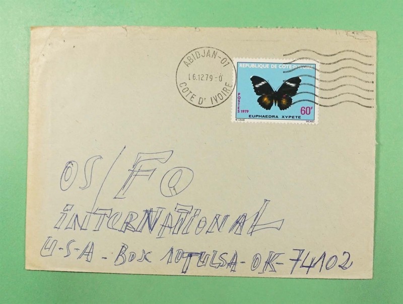 DR WHO 1979 IVORY COAST BUTTERFLY ABIDJAN TO USA R48777