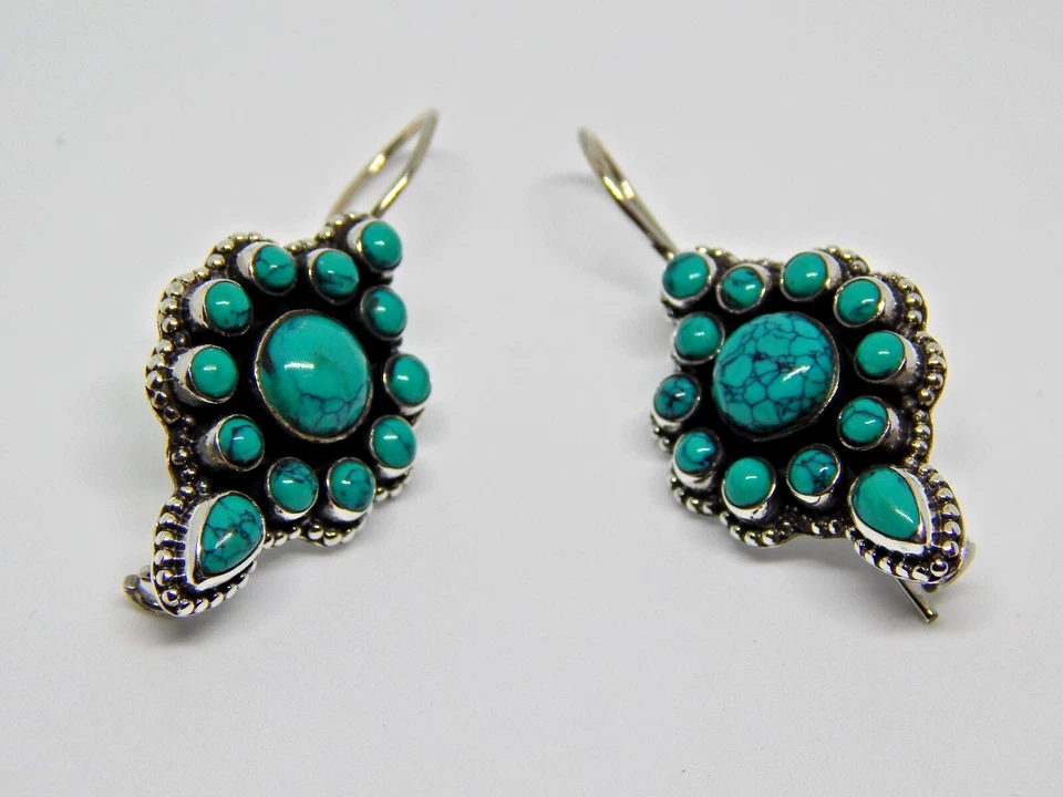 Natural Turquoise Flower Earring 925 Sterling Silver, Wedding Earring, Gift Item - Image 2 of 4