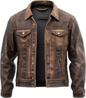 Men Genuine Lambskin Distressed Black Brown Vintage Style Trucker Leather Jacket