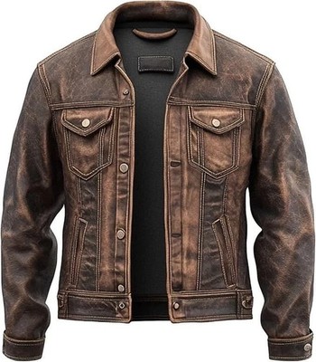 Men Genuine Lambskin Distressed Black Brown Vintage Style Trucker Leather Jacket
