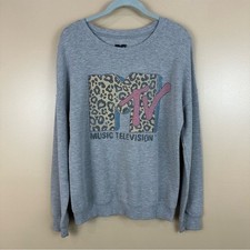 MTV Music Television Leopard Logo Gray Sweatshirt Medium Vintage Look Grunge