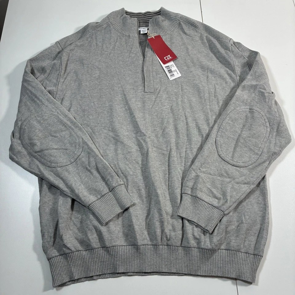 NEW Cutter & Buck Broadview 1/4 Zip Elbow Patch Sweater 1XB XL Gray Soft - Image 2 of 4
