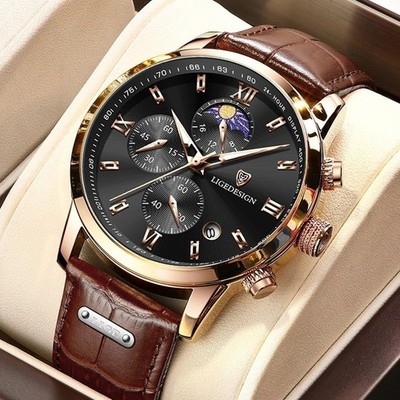 LIGE Herrenuhr Quarz Luxus Lederarmband Wasserdicht Sportlich Elegant Box