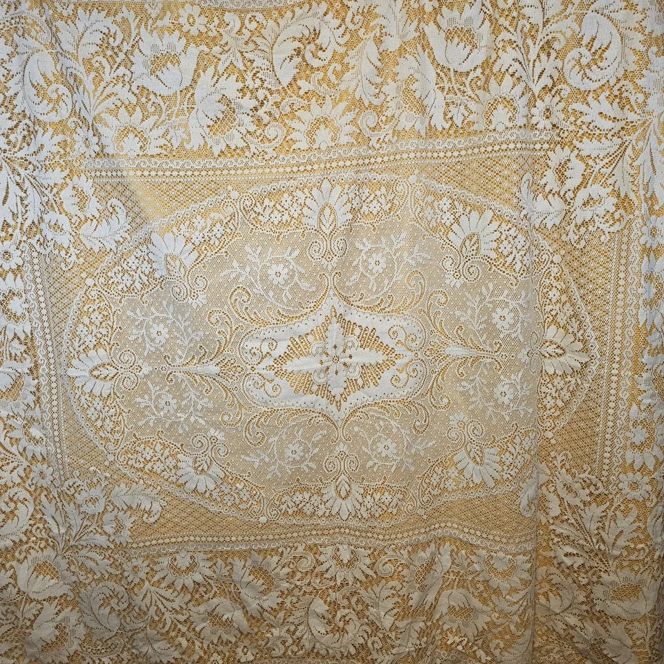 Vtg Filet Lace Tablecloth 80x67 Gold Backing Floral Scalloped Edge French Style - Image 2 of 4