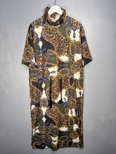 Zara Leopard Print Chain Pattern Turtleneck Midi Dress Size Large Short Sleeve
