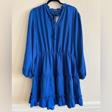Women  s Dress Blue Peasant Dress Long Sleeve Elastic Tiered Flowy Fit  Flare
