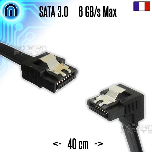 Câble SATA 3 III Droit et Coudé + Clip crochet pour disque dur ou lecteur - 40cm