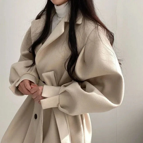 Women's Woolen Coat Autumn Winter Mid Length Lapel Belt Jacket Elegant Outwear - Picture 7 of 16