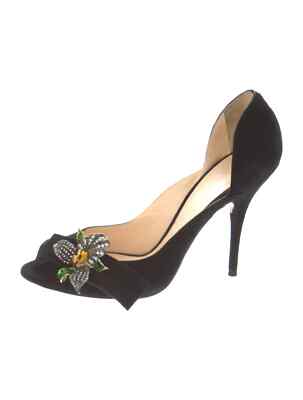 CASADEI Black Suede Crystal Embellishments Pumps Size 8.5 Good Condition