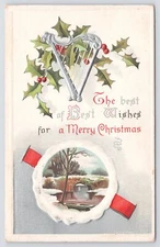 Greetings~Holly Silver Harp River Bridge Best Wishes Christmas~Vintage Postcard