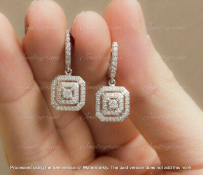 2.00Ct Round Cut Lab Created Diamond Halo Drop Hoop Earrings 14k White Gold Ove