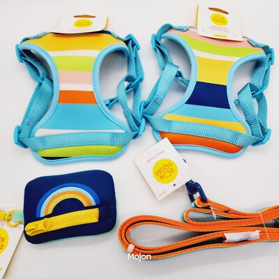 Lot Of 4 Sun Squad Summer Striped Leash 2 Harness & Rainbow Waste Bag Size Small