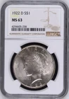 :1922-D 1$ SILVER PEACE DOLLAR NGC CHOICE MS63 CLEAR &: BRIGHT HIGHEST-GRADES