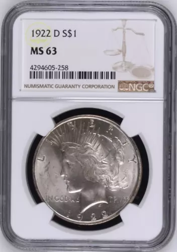 :1922-D 1$ SILVER PEACE DOLLAR NGC CHOICE MS63 CLEAR &: BRIGHT HIGHEST-GRADES