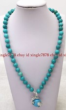 Genuine 8mm Natural Blue Turquoise Round Gemstone Beads Pendant Necklace 16-28"