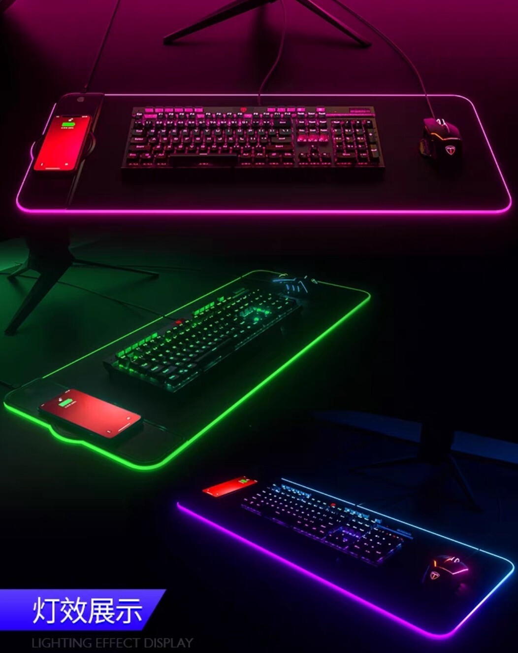 Tapis de souris LED avec chargeur induction Qi rapide 15W intégré pour bureau
