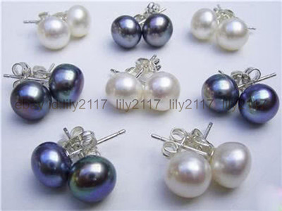 Wholesale 8pairs Natural 7-8MM White Black Akoya Cultured Pearl Stud Earrings