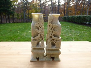 Pair of Two Chinese Republic Carved Green Soapstone Vases