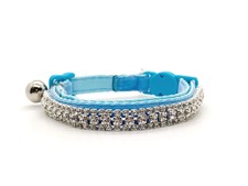 Light Blue Velvet Pet Collar with Crystal Bling Trim for cats and small dogs