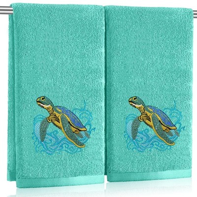 SmoothNovelty 2 Pcs Sea Turtle Hand Towels Teal Bathroom Decor 14x29 Inch Emb...