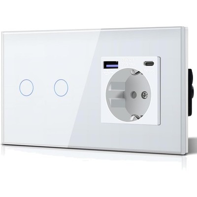 Lichtschalter, Steckdose, USB C, Schnellladegerät, Glas, 2 Fach, 240V, Weiß