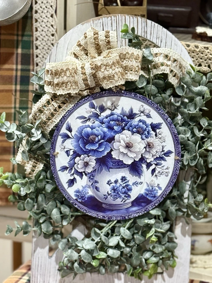 Arco de pared de madera estilo vintage, decoración, chintz azul, blanco, 10x17”, hecho a mano Foto 3 de 4