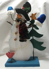 Christmas Decor Snowman Wood 12" On Stand Fabric Scarf Mittens Tree Star Bird