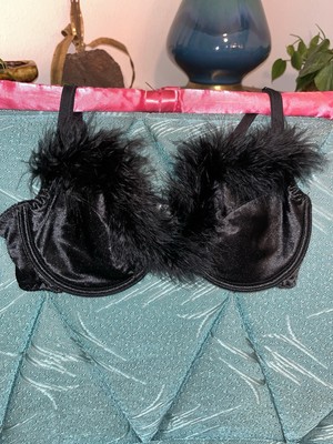 VTG Native Intimates Black Bra 36C Satin Feathers Faux Fur Pin Up Second Skin