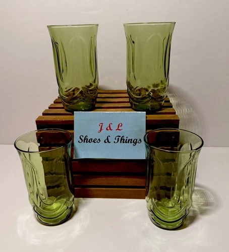 Anchor Hocking Colonial Tulip Avocado Green Set Of 4  Tumblers 12 oz Glasses EUC