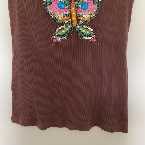 Ivy Jane Y2K braun verziert Schmetterling mit Schmucksteinen gerippt Tank Top M skurril - Bild 4 von 9