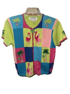 Jack B Quick Zip Up Cardigan Sweater Blue Green Pink Flamingo Palm Trees Petite