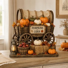 Harvest Wooden Block Decor, Pumpkin Cart, Rustic Fall Farmhouse Decor