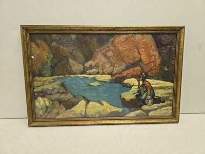 Vintage 1930s J Cliff Hutchins Magic Waters Framed Print Indian Drinking At Pool