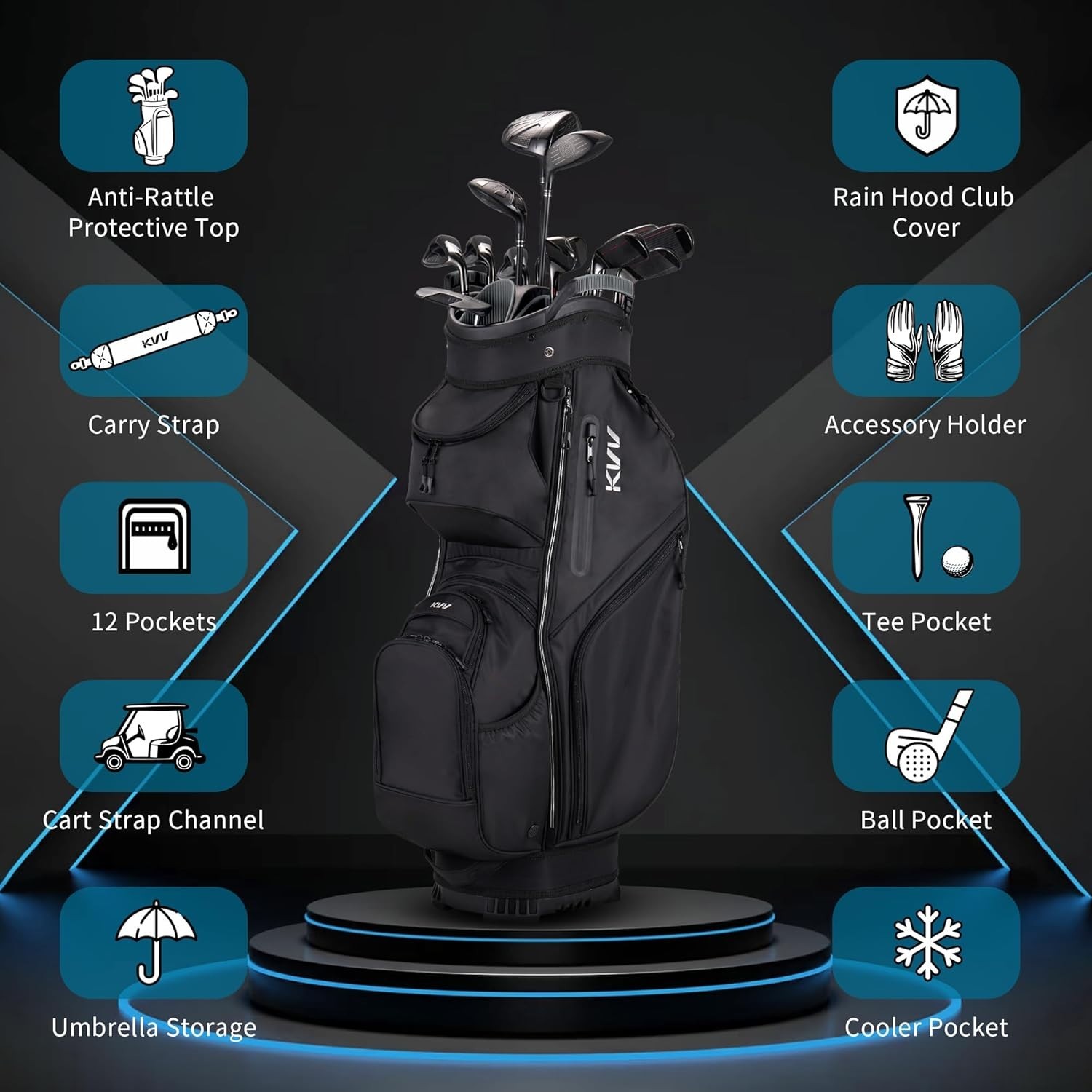 KVV Premium Golf Cart Bag 14 Club Organizer w/ Cooler Pockets & Rain Cover - NIB