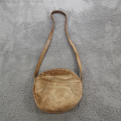 Vtg Baggu Crossbody Shoulder Bag Womens Small Tan Leather Round Zip Pocket Purse