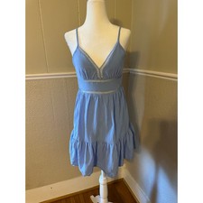 Cider Light Blue Tie Back Mini Dress Ladder Stitch Trim Ruffle Hem XS