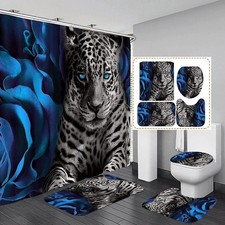 4pcs Blue Rose And Leopard Shower Curtain Bathroom Set With Rugs Toilet Lid ...