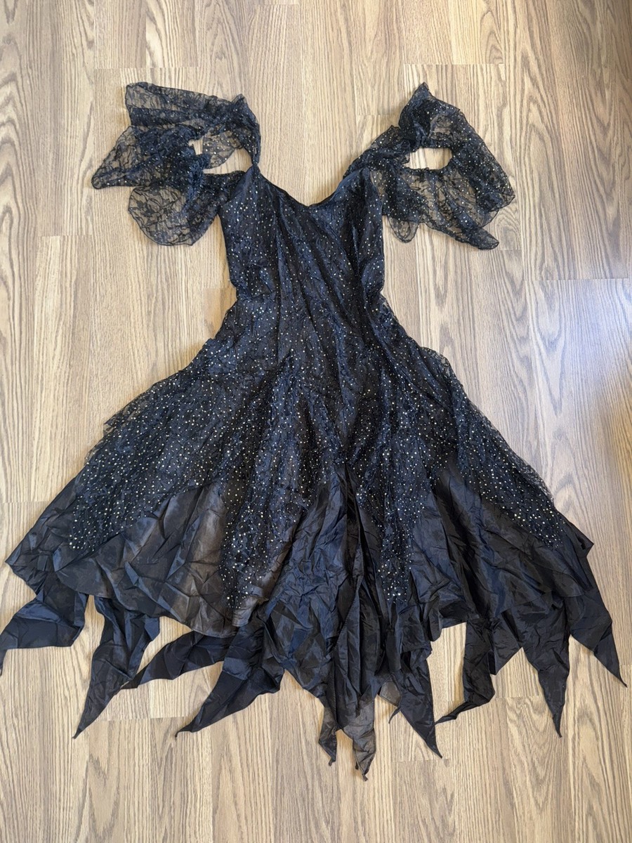 VTG 80s/90s Nuance Black Lace Glitter Asymmetrical Off Shoulder Whimsigoth  Dress