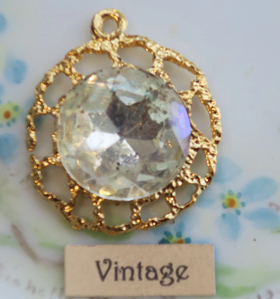 #1307C Aurora Borealis Vintage Filigree Pendant Rhinestone AB Crystal Findings 
