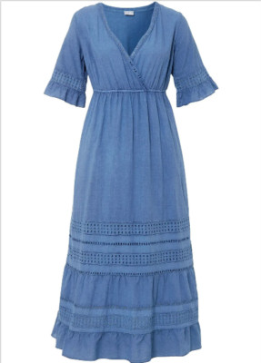 Sommer Damen Kleid Baumwolle Spitze blau Leinen Optik 36 40 42 46 48 50 neu 347