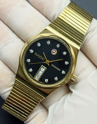 RADO VOYAGER BLACK ROUND WATCH VINTAGE GOLD PLATED SWISS MADE