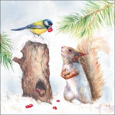 4x einzelne Papierservietten für Decoupage und Party - Winterstock Vogel Eichhörnchen