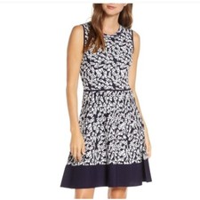 Eliza J Women's M Navy White Jacquard Knit Sleeveless Fit Flare Dress