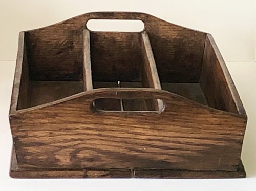 ANTIKE handgefertigte Eiche Holzbesteck Tablett Messer Caddy Sammeln Farm Ernte Tragetasche - Bild 2 von 9